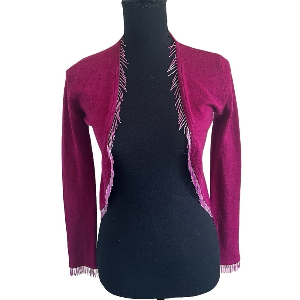 Vintage Cache Beaded Pink Magenta Cardigan Silk Cashmere Blend Size Medium